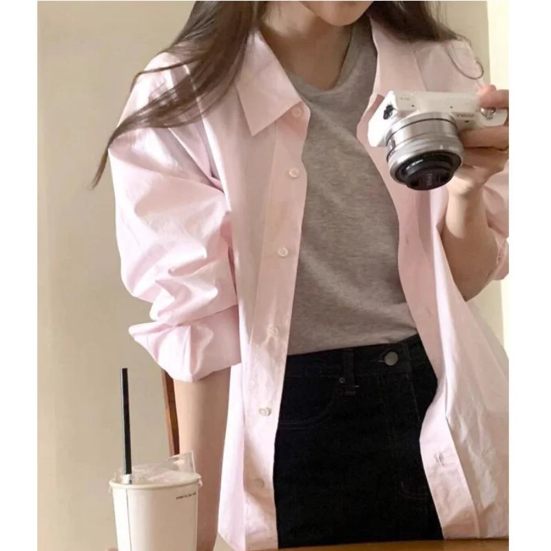 

Korean Style Fashion Long Sleeve Cotton Blouse Polyester Women Spring Summer Uv Protection Pink Loose Casual Blouse