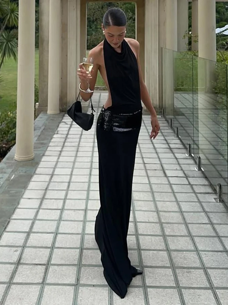 kliou Backless Fashion Women Dresses Elegant Halter Patchwork Draped Maxi Bodycon Female Solid Simple Evening Party Frock New image 5
