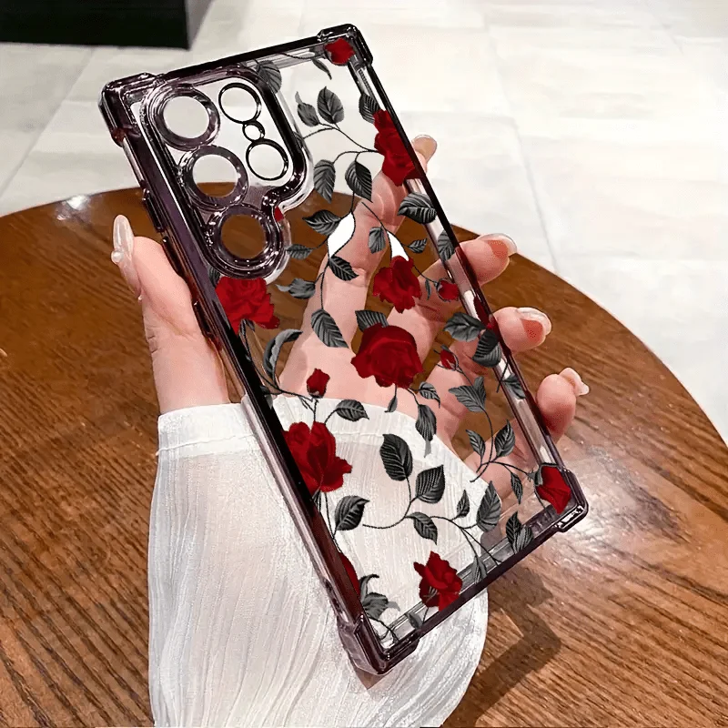 Retro Red Rose Phone Case for Samsung Galaxy S26 S25 S24 S23 S21 S20 FE/PLUS/ULTRA Shockproof Transparent Soft Back Cover