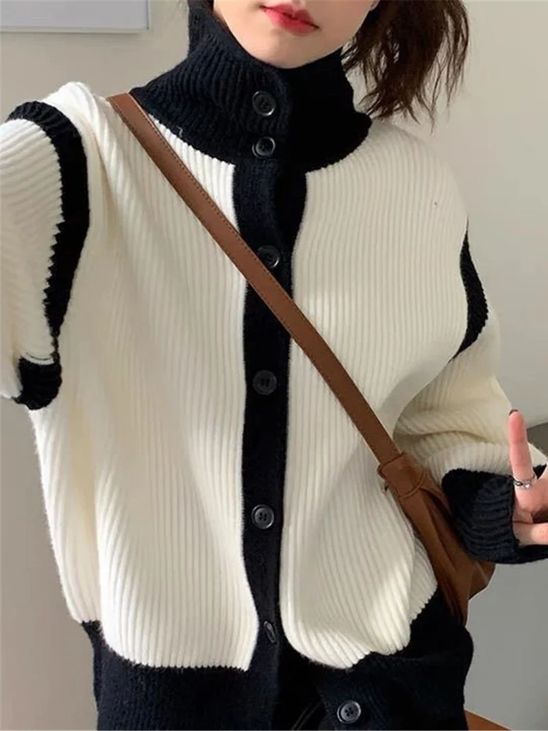 Women's Sweaters 2024 Autumn Contrast Black Turtleneck Crop Cardigan Puff Long Sleeve Grey Knitwear Jacket Lazy Loose