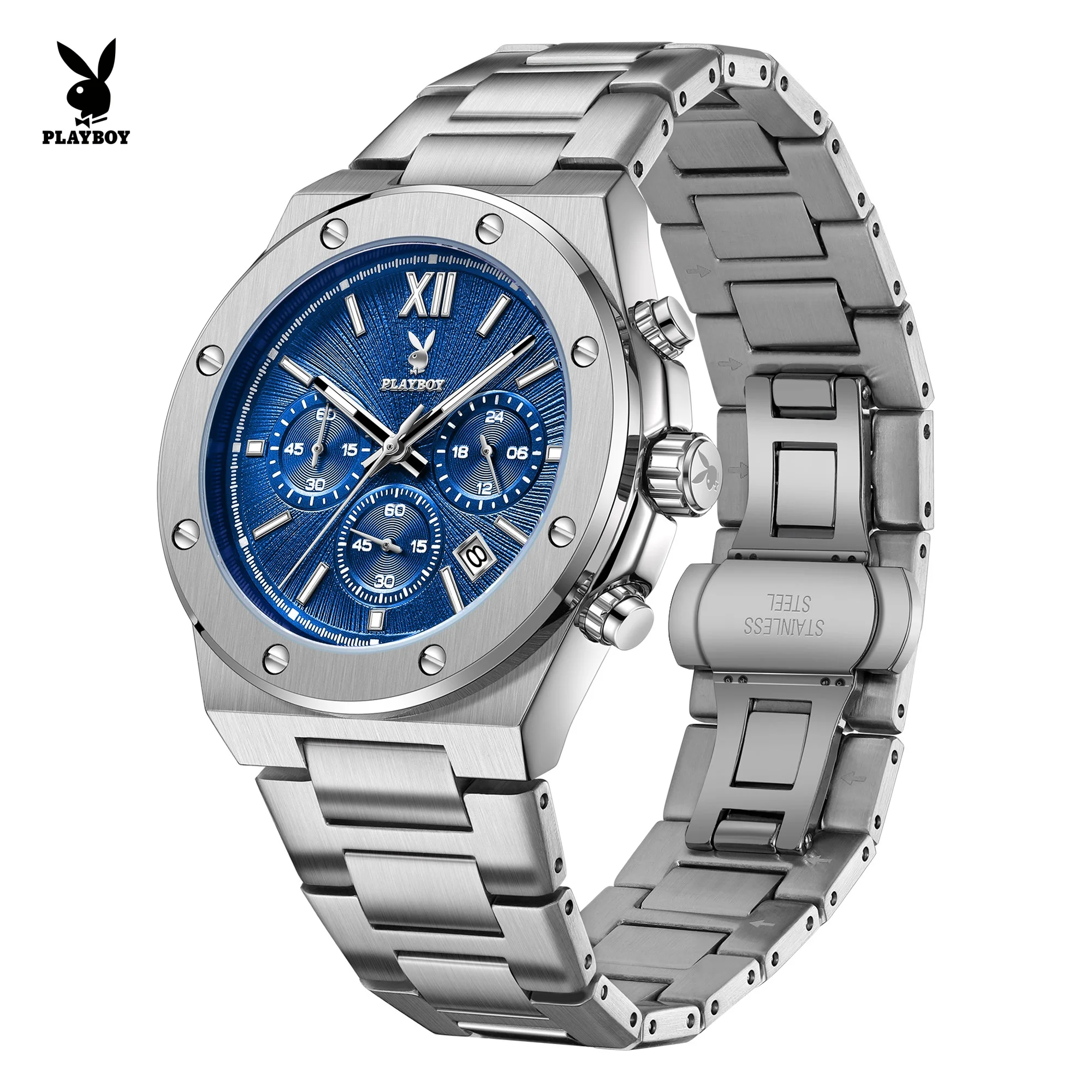 PLAYBOY Exklusive neue Herrenuhren, luxuriöse Original-Quarz-Armbanduhr, Edelstahl, wasserdicht, Datum, Chronograph, Herrenuhr 3560