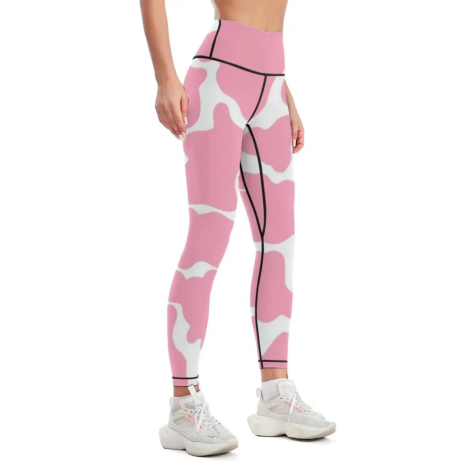 Legginsy w różowo-białe krówki, odzież sportowa, spodnie do ćwiczeń, odzież aktywna, legginsy damskie z wysokim stanem.