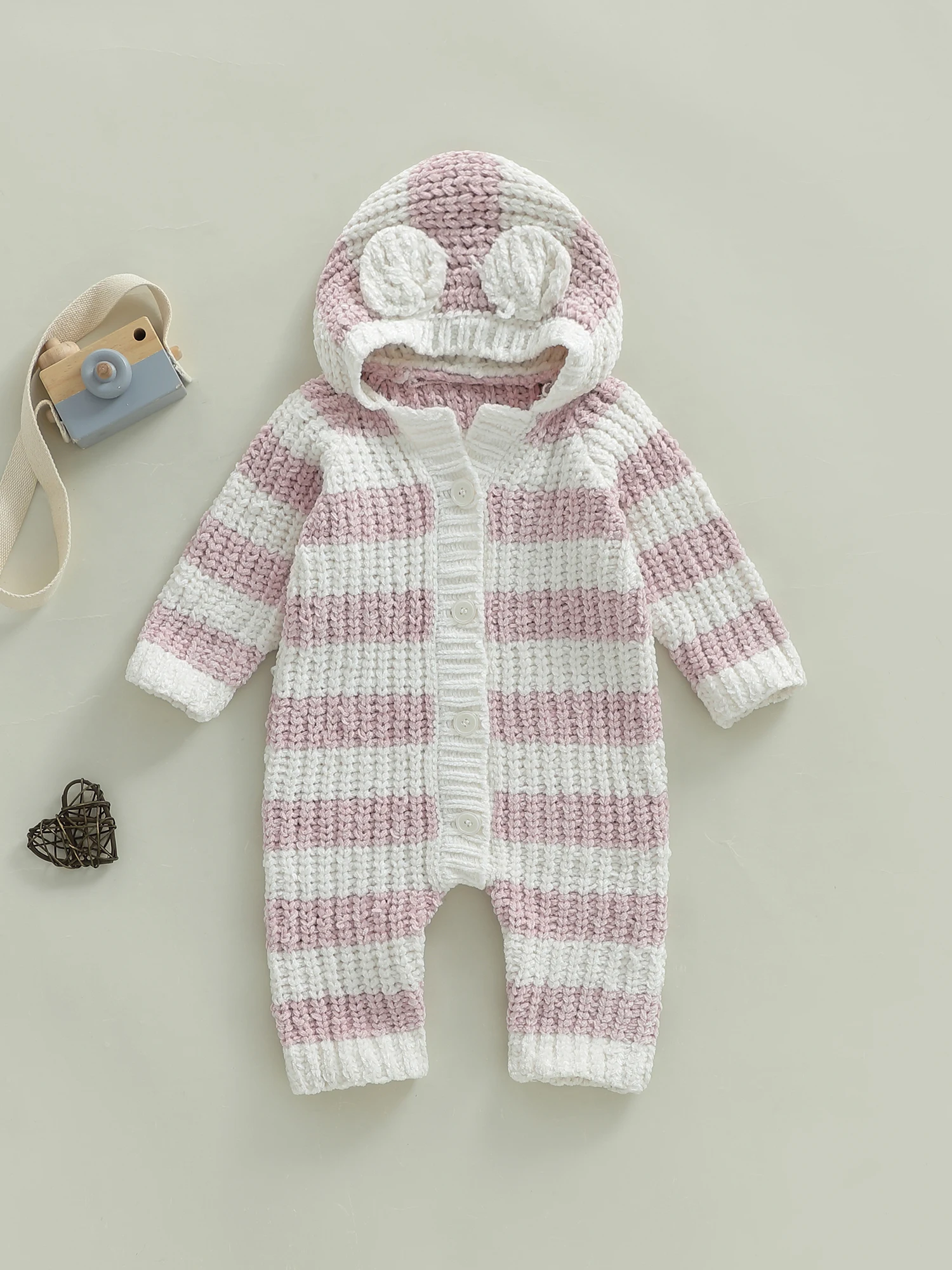 

Вязаный комбинезон для маленьких девочек с длинными рукавами и полосками, комбинезон на пуговицах с капюшоном, пижама для младенцев