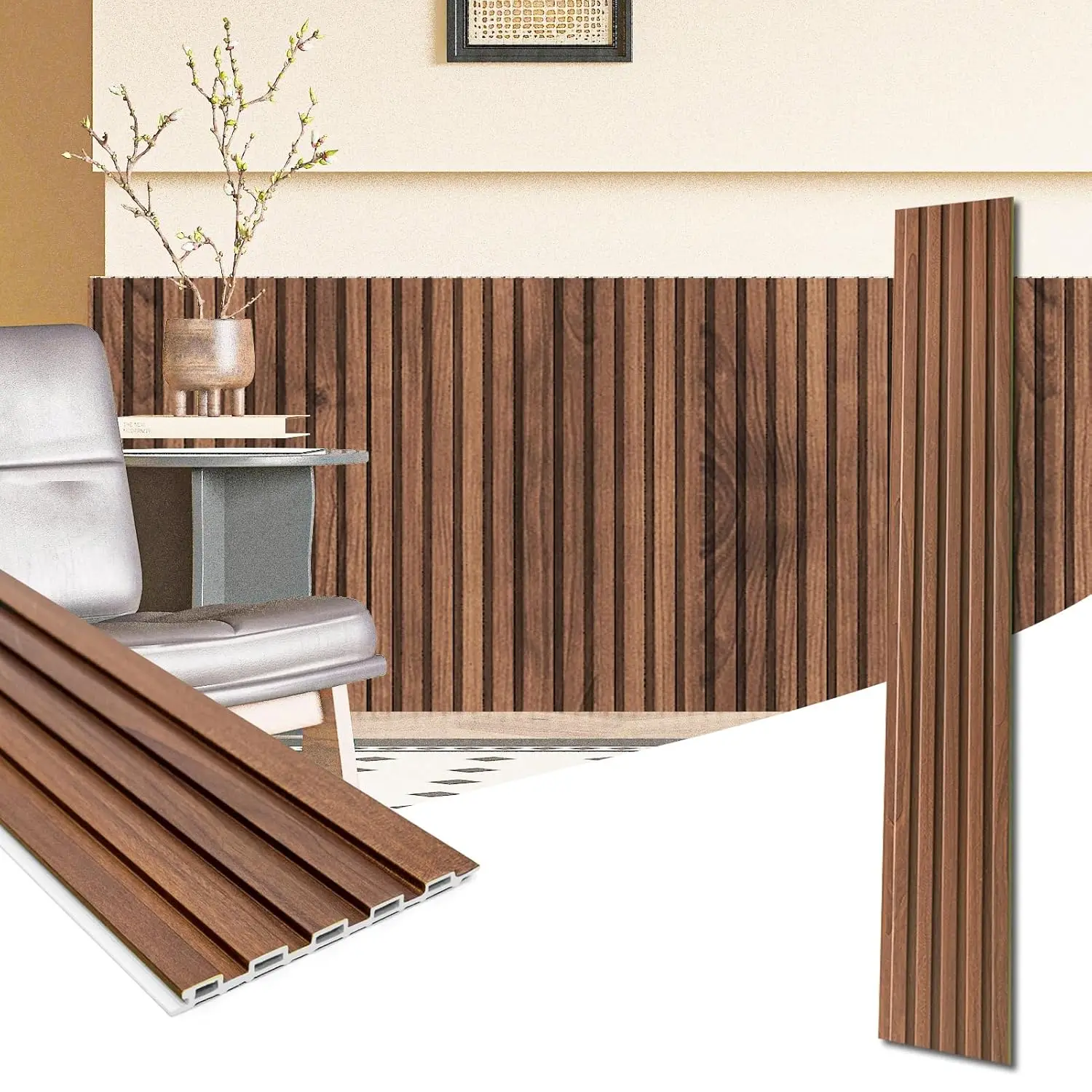 

WPC Wainscoting Panels, 16-Pack 48 x 6 Inch 3D Wall Accents for Interior Wall Decor, Living Room, Bedroom, Teak