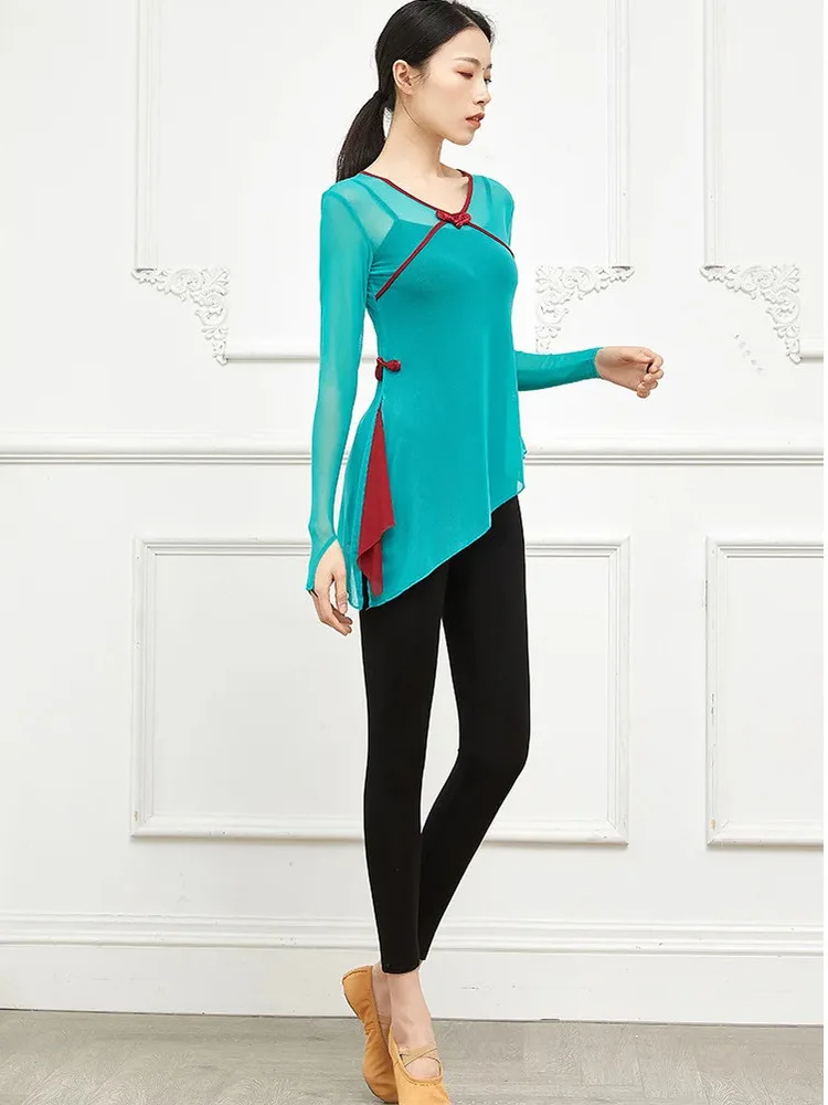 قميص رقص باليه شبكي بأكمام طويلة للنساء، قميص بحاشية مقسمة برقبة على شكل حرف V للممارسة والرقص الحديث والعروض