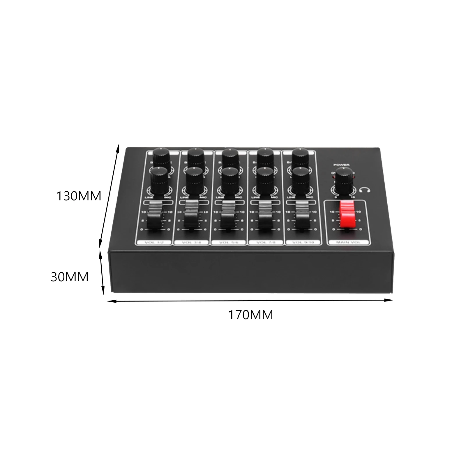 10 Channel Audio Mixer DC 9V Independent Volume Control 5 Input 1 Output Stereo Mixer for Keyboards Microphones Guitars Bass KTV