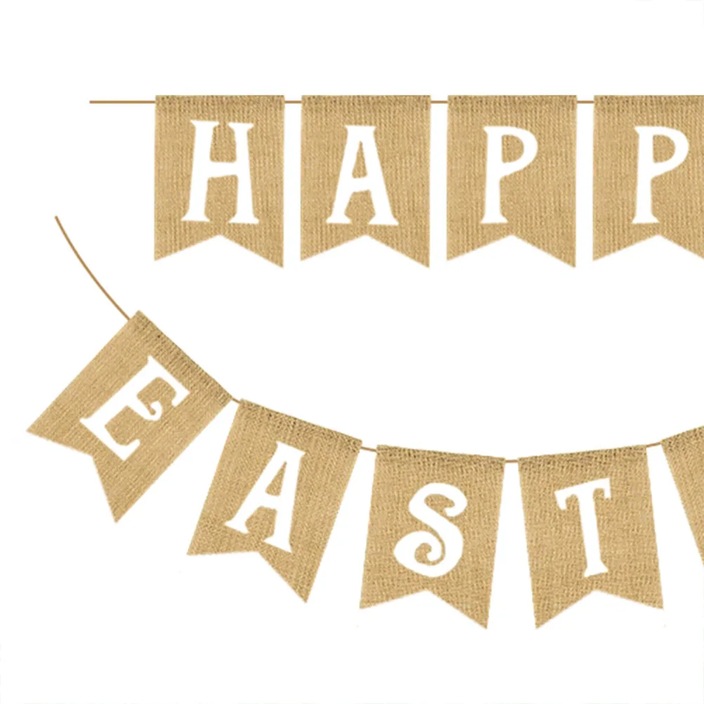 

Easter Party Banner White Letter Linen Bunting Simple Flag Decorations Theme Party Supplies Background Props Hanging