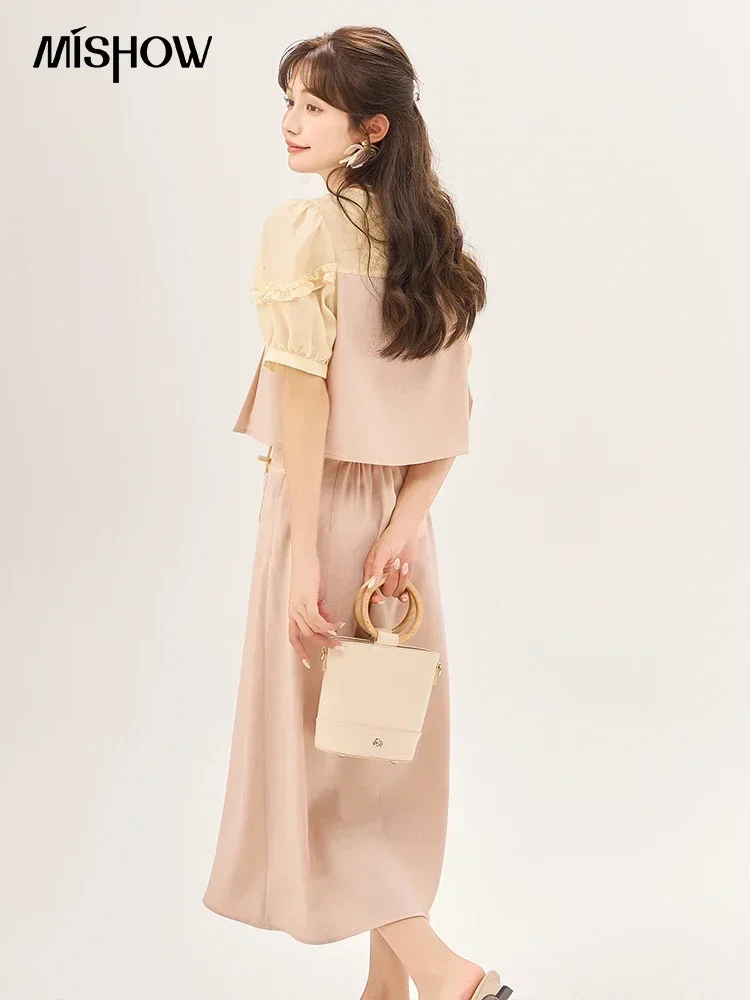 MISHOW Chinese Style Blouse Skirt Separately 2023 Summer Temperament Sweet Bow Puff Sleeve Top Front Pleated Skirt MXC38X0065