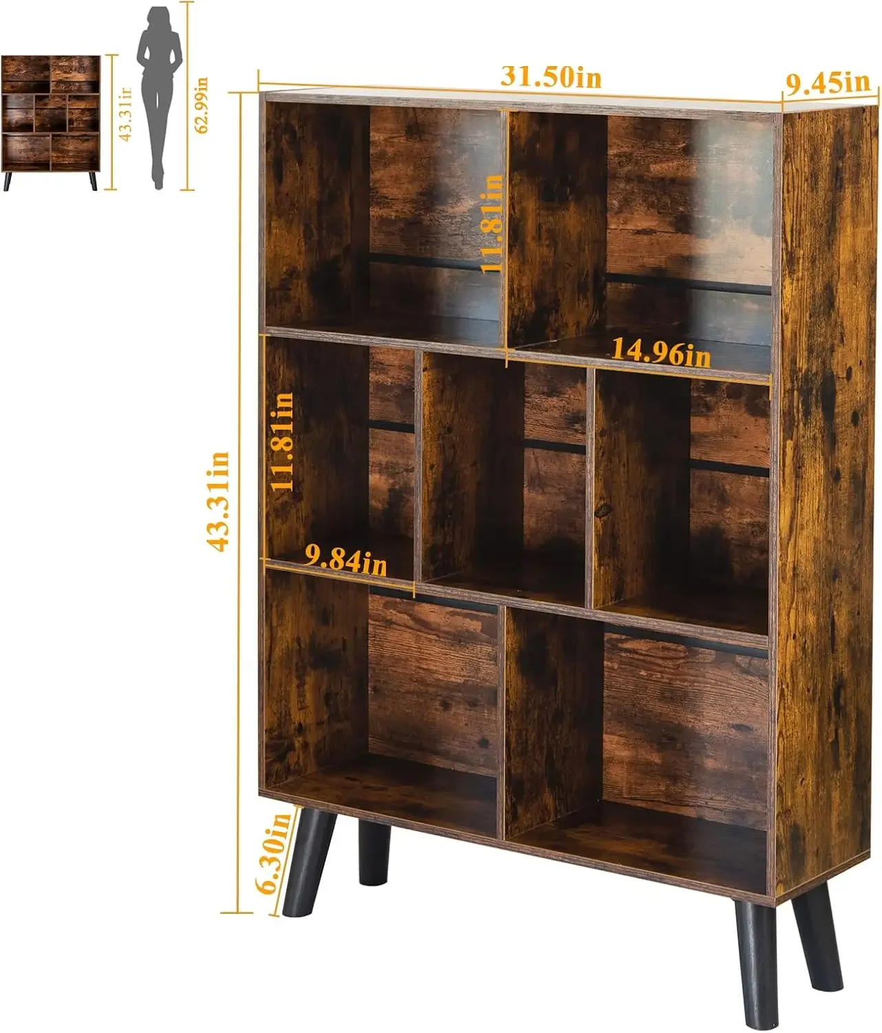 XMSJ*Cube Bookshelf 3 Tier Mid-Century Rustic Brown Modern Bookcase with Legs,Retro Wood Bookshelves Storage Organizer Shelf