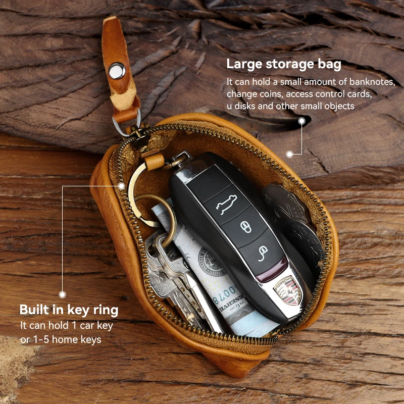 Large Capacity Retro Soft Cowhide Key Bag Zipper Buckle Genuine Leather Key Case Short Vertical Square Shape Soft Surface