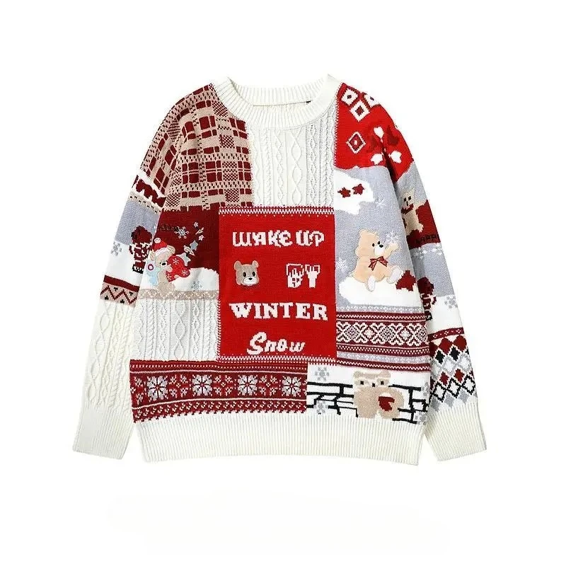 Fashion Japanese Retro Twist Christmas Sweater Winter Loose Round Neck Long Sleeve Versatile Jacket for Men