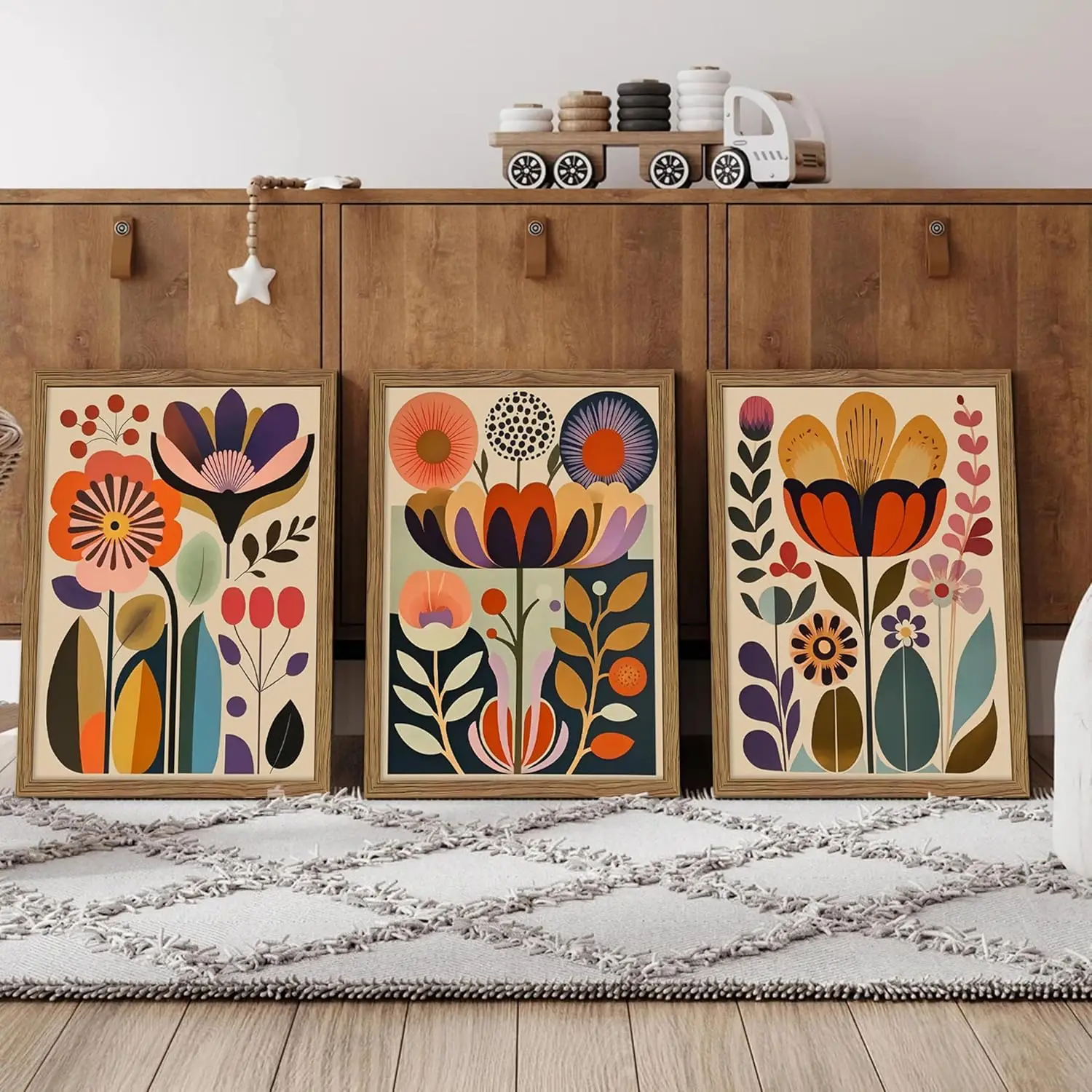 Nordic Retro Plant Frameless Poster Combo, Color‑Block Geometric Floral Wall Art, Home Interior Background Wall Decor