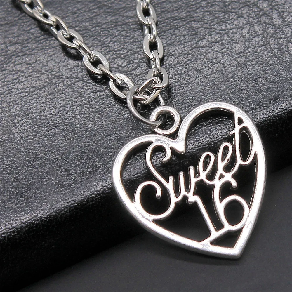 Fashion Simple Vintage Antique Silver Color 21x19mm Sweet 16 Age Pendant Necklace For Women