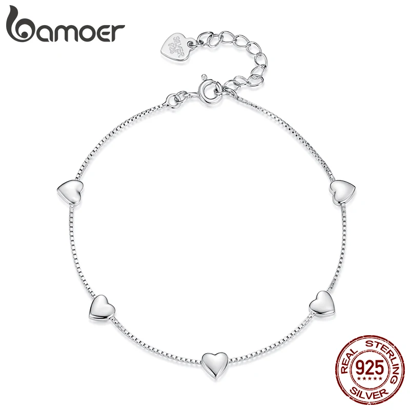 BAMOER  925 Sterling Silver Adjustable Heart Bracelet Dainty Box Chain Bracelet for Women Teen Girls Sweet Birthday Gift