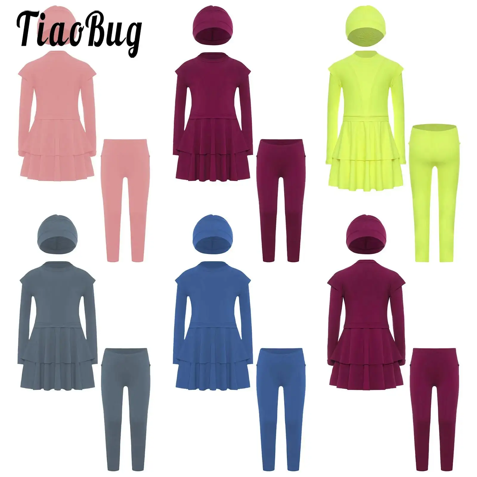 

Kids Girls Rash Guard Suit Surfing Swimsuit Long Sleeves Tiered Flounce Swim Dress Pants and Hat Set Modest Beach Bathing Suit