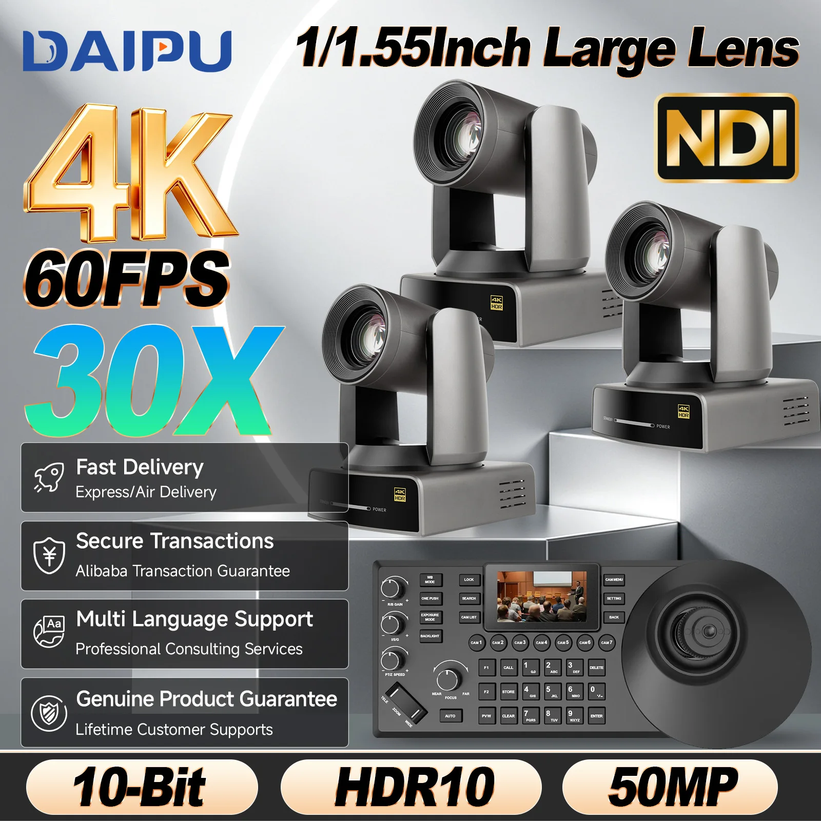 DAIPU NDI PTZ Camera 4KP60 20X Optical HDMI USB SDI LAN POE AI Tracking for Church Live Streaming Conference with Youtube Live