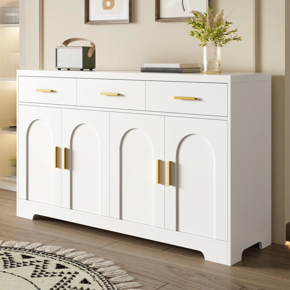 Mobile da soggiorno, credenza bianca con quattro ante arcuate, 3 cassetti, ripiani regolabili in altezza, struttura in MDF, maniglie in metallo dorato