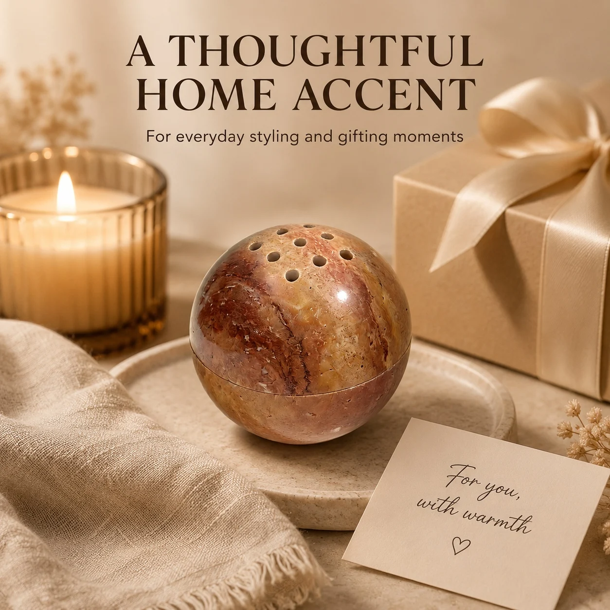 Natural Travertine Sphere Incense Burner, Stone Ball Holder for Stick Cone Coil Palo Santo Sage, Zen Home Fragrance Decor
