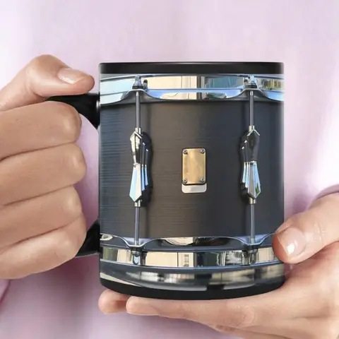 New products in January, music elements, black ceramic coffee mug, retro drum pattern, gift cup.