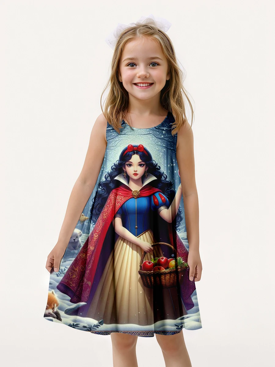 MINISO Disney Snow White Summer Girls Sleeveless Dress Cute 3D Print Girls Dress Fashion Children\'s Clothing Party Boys Trendy