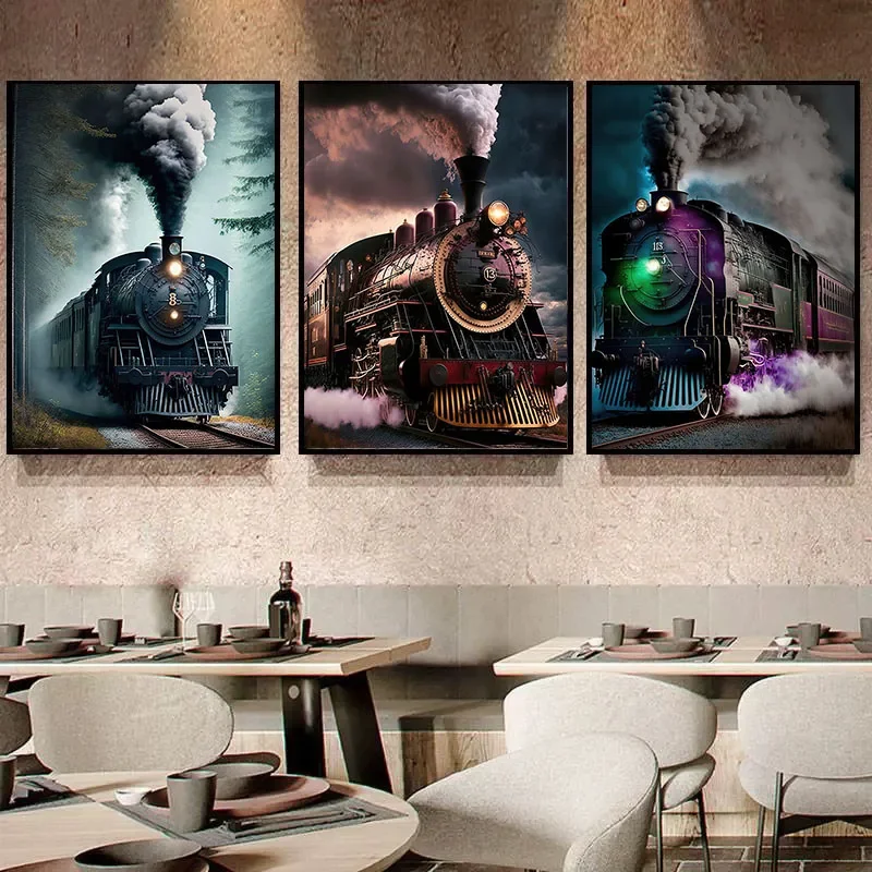 Retro Railway Posters Steam Train Locomotive Canvas Painting Vintage Railroad Train Print Wall Art Picture Restaurant Home Decor