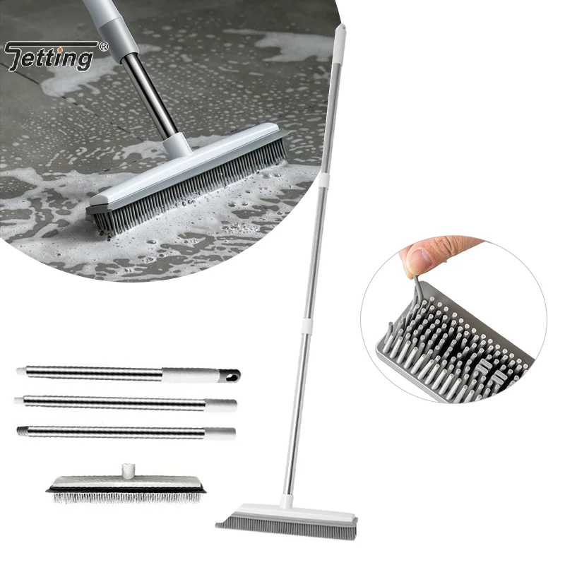 Broom Carpet Rake With Squeegee For Pet Hair Long Handle Fur Remover Broom For Fluff Carpet Hardwood Floor No Scratch Sweeping