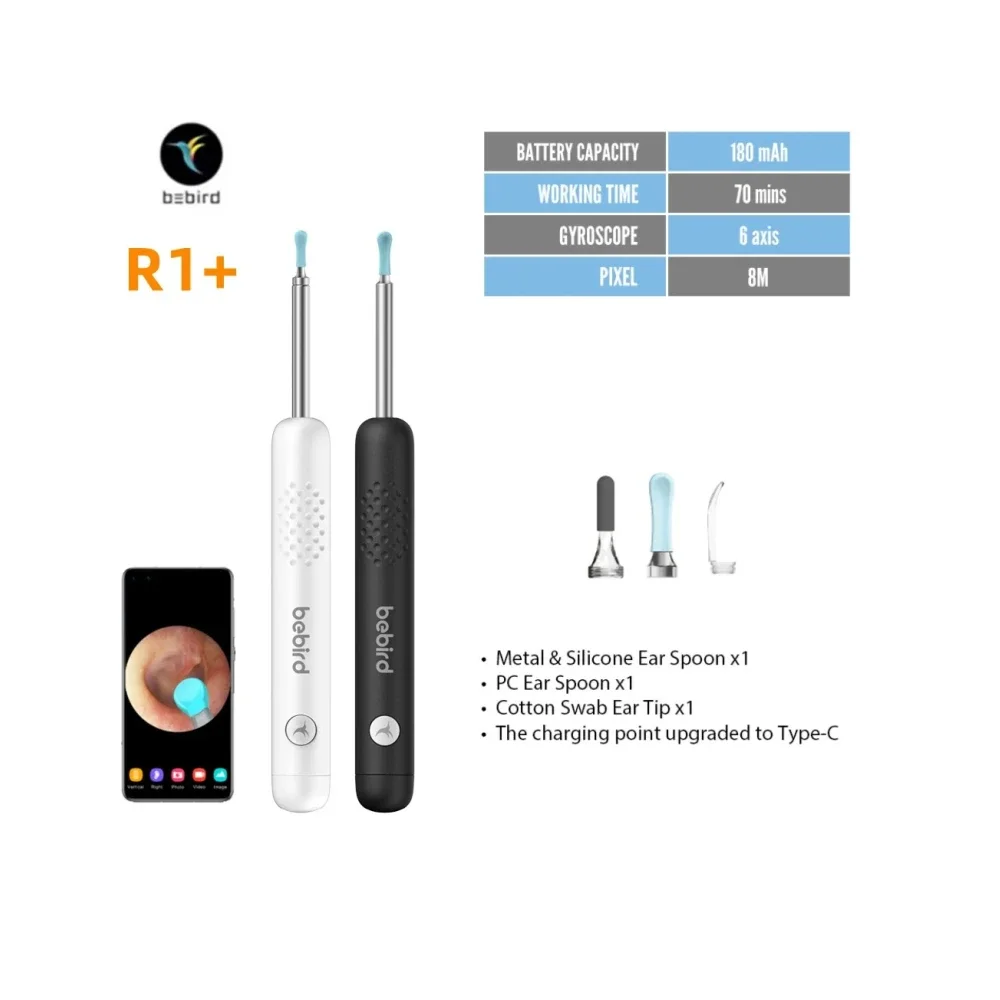 Bebird Smart Visual Ear Sticker R1+ con microcámara de 8 millones de píxeles y 6 luces LED para inspección visual del oído en casa, kit de otoscopio con video.