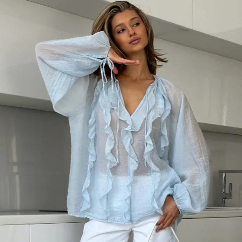 

Tsiisd Casual Lace-Up V-Neck Sheer Women's Shirt Scalloped Lantern Sleeves Commute Patchwork Fashion Streetwear Female Blouses