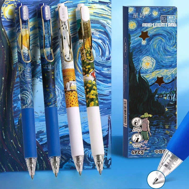 4Pcs/Box Trendy Van Gogh Oil Painting Press Gel Pen Black Ink 0.5mm Ballpoint Pens Stationery Quick-Drying Pens For Student