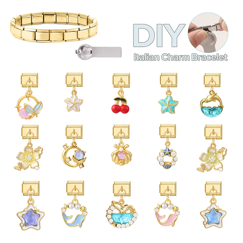 لامعة الزركون ذيل السمكة ستار الزهور الكرز الذهبي قلادة الإيطالية سحر الروابط صالح 9 مللي متر الفولاذ المقاوم للصدأ سوار النساء DIY بها بنفسك صنع #4