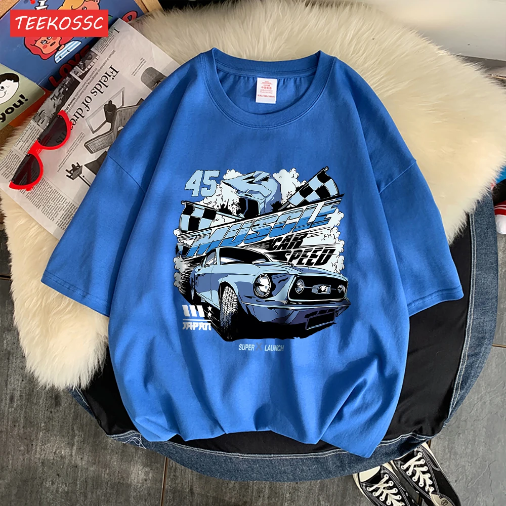 Muscle Car Speed Super Launch Print T-Shirt Mens Shoulder Drop Popular T Shirt Fashion Vigor Tees Normcore Cotton Streetwear