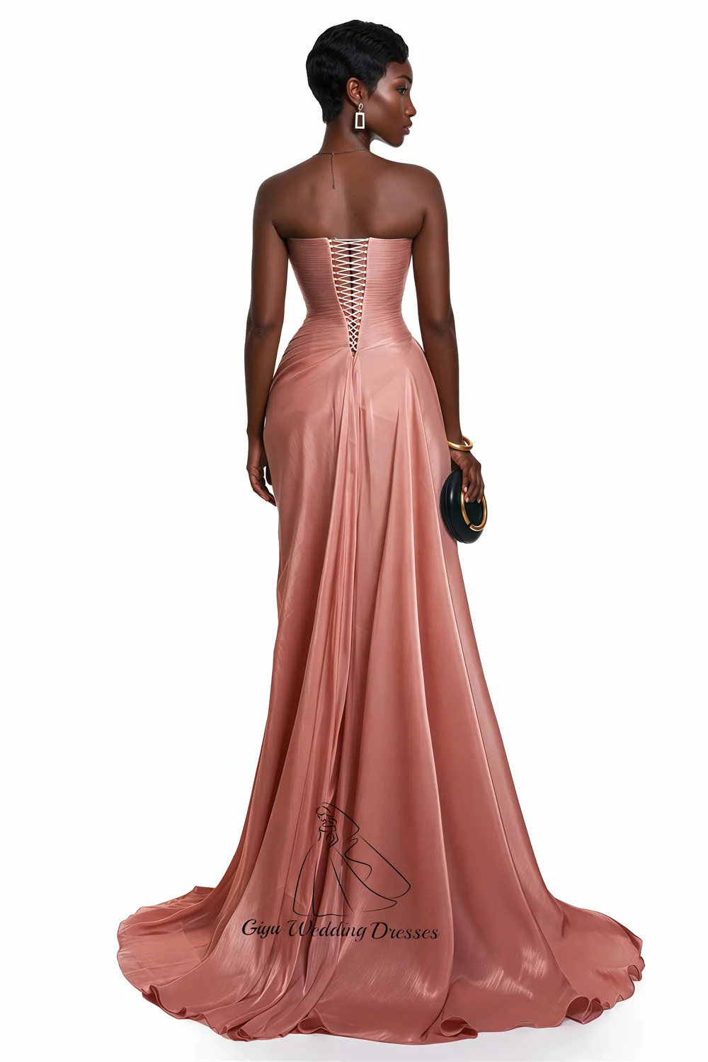 Giyu Elegant Peachy Pink Mermaid Trumpet Formal Evening Gown Strapless Prom Gown Side High Slit Wedding Party Dress Customized ﻿