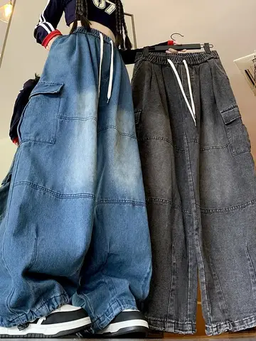 Cargo Jean Loose Wide Leg Workwear Jeans Elastic Waist Men and Women Spring Autumn Faion Brand Waed Out Trousers Straight Cut