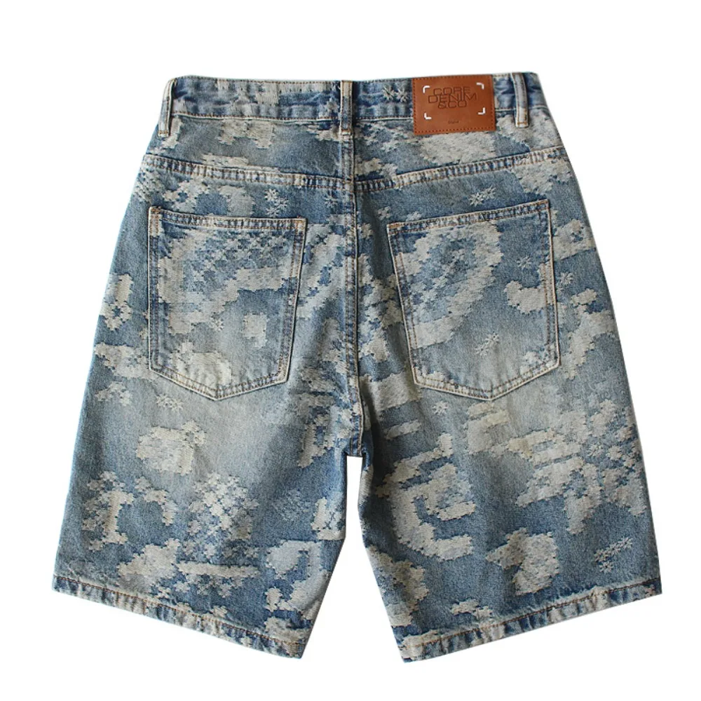 Retro Cotton Shorts Men's American Jacquard Heavy Wash Trend Cityboy Straight Summer Denim Five-point Pants