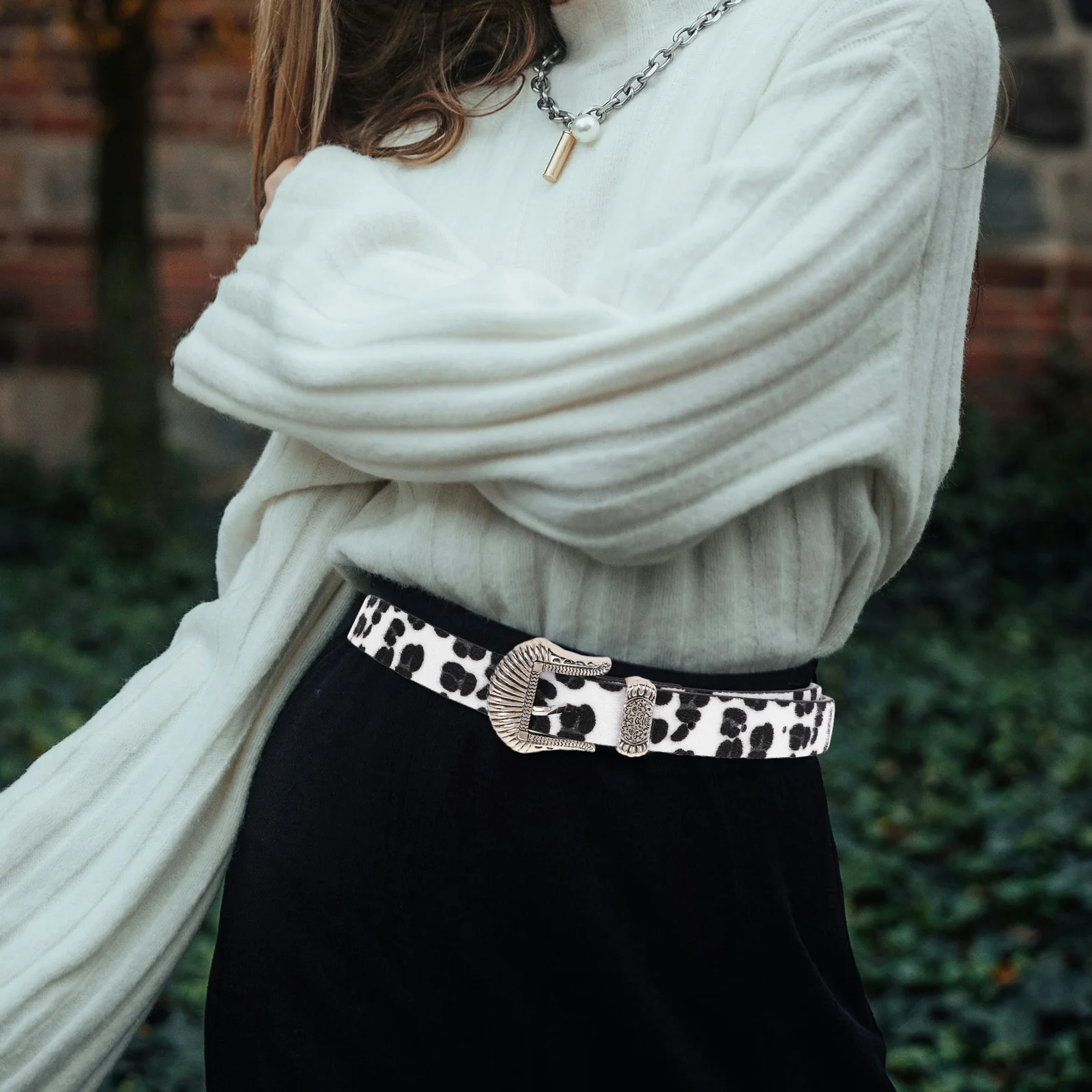 خمر نمط ليوبارد طباعة حزام فو العجل الشعر الغربية مشبك كبير مشبك راعية البقر حزام لفساتين الجينز الإناث موضة عادية