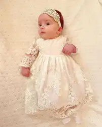 Princess Christening Gowns for Baby Lace Appliqued Long Sleeves First Communion Dresses Infant Toddler Girls Baptism Dresses