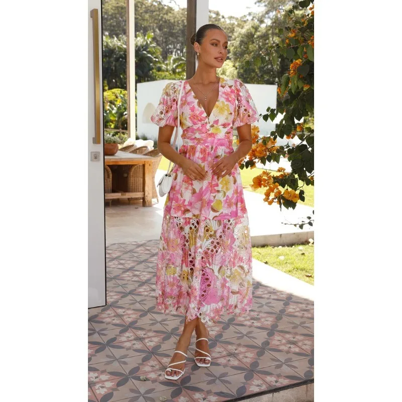 Abito lungo Boho per le vacanze a pieghe Abito estivo da donna scollato Abito bohémien Corsetto sexy floreale con maniche corte a sbuffo e scollo a V