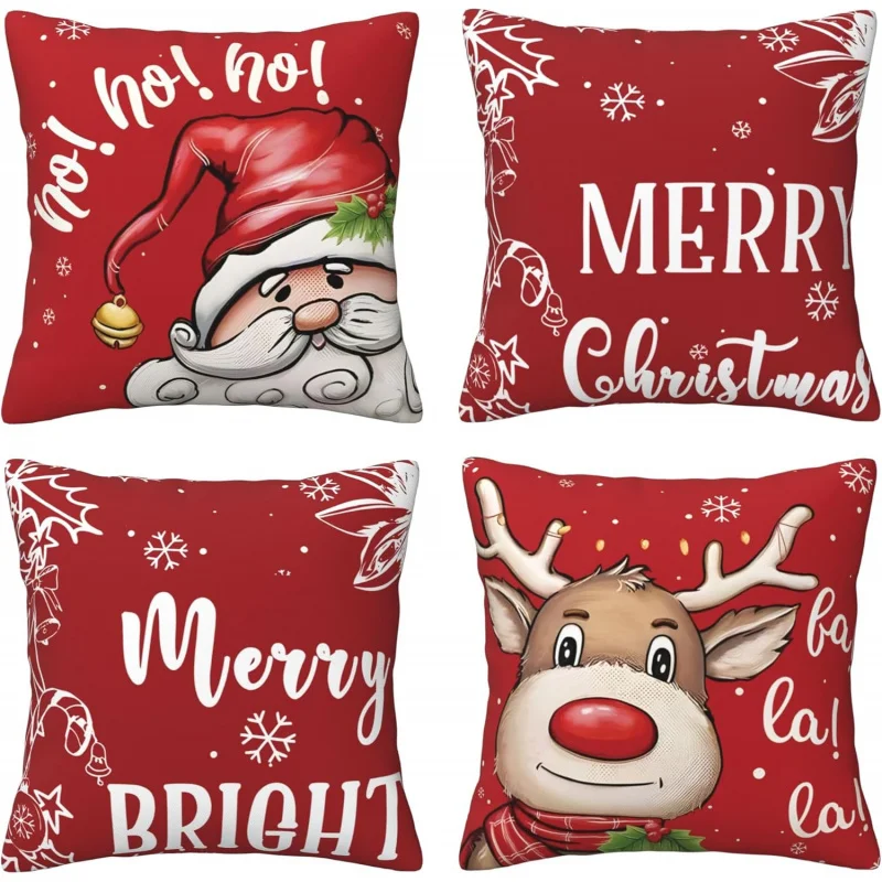 

Merry Christmas 18x18 Inch Set of 4 Reindeer Santa Claus Throw Pillowcase for Home Decor Living Room Outdoor Sofa