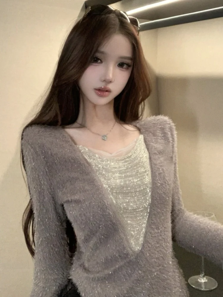 

Women's Slim Fit Long Sleeve T-Shirt Design Sense Bead Chain Splicing Waist Cinching Inner Wear Hot Girl Tight Grey Base Top