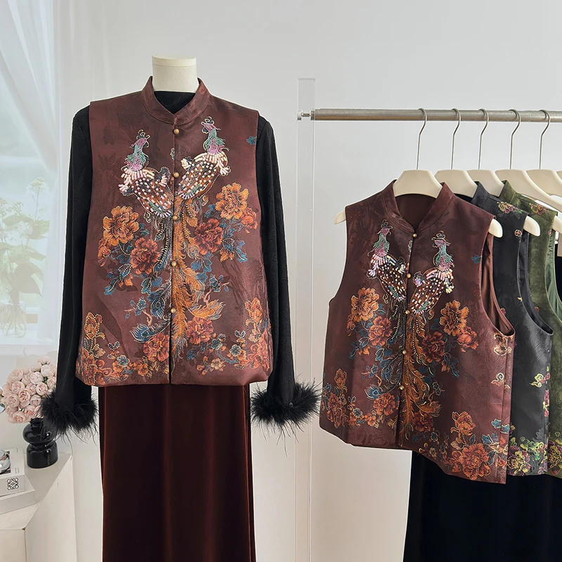 Phoenix Embroidery Pleated Skirt Stand Collar See through Belly Cover Curtain Medium Length Chinese Style Women's Vest Autumn
