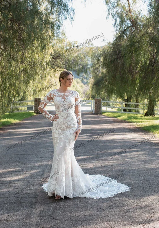 O dekolt syrenka suknie ślubne damskie koronkowe aplikacje vestido de novia długie rękawy Sweep Train suknia ślubna