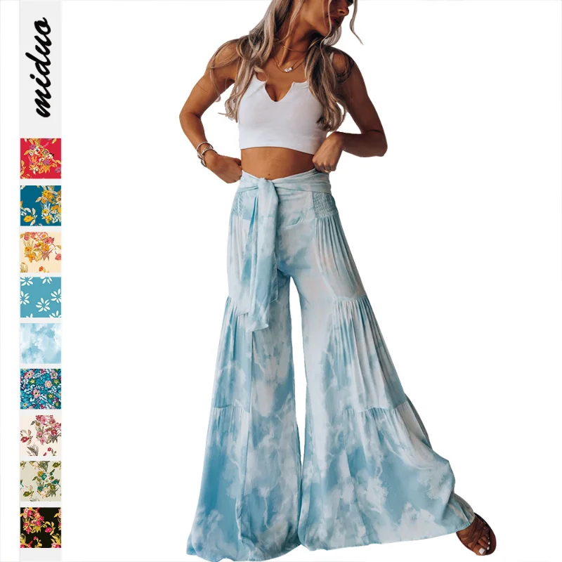 Women\'s Long Wide Leg Palazzo Pants,Loose Casual Beach Boho Floral Print,Bohemian Belted Harem,Yoga Pants,Lounge Pants,Summer