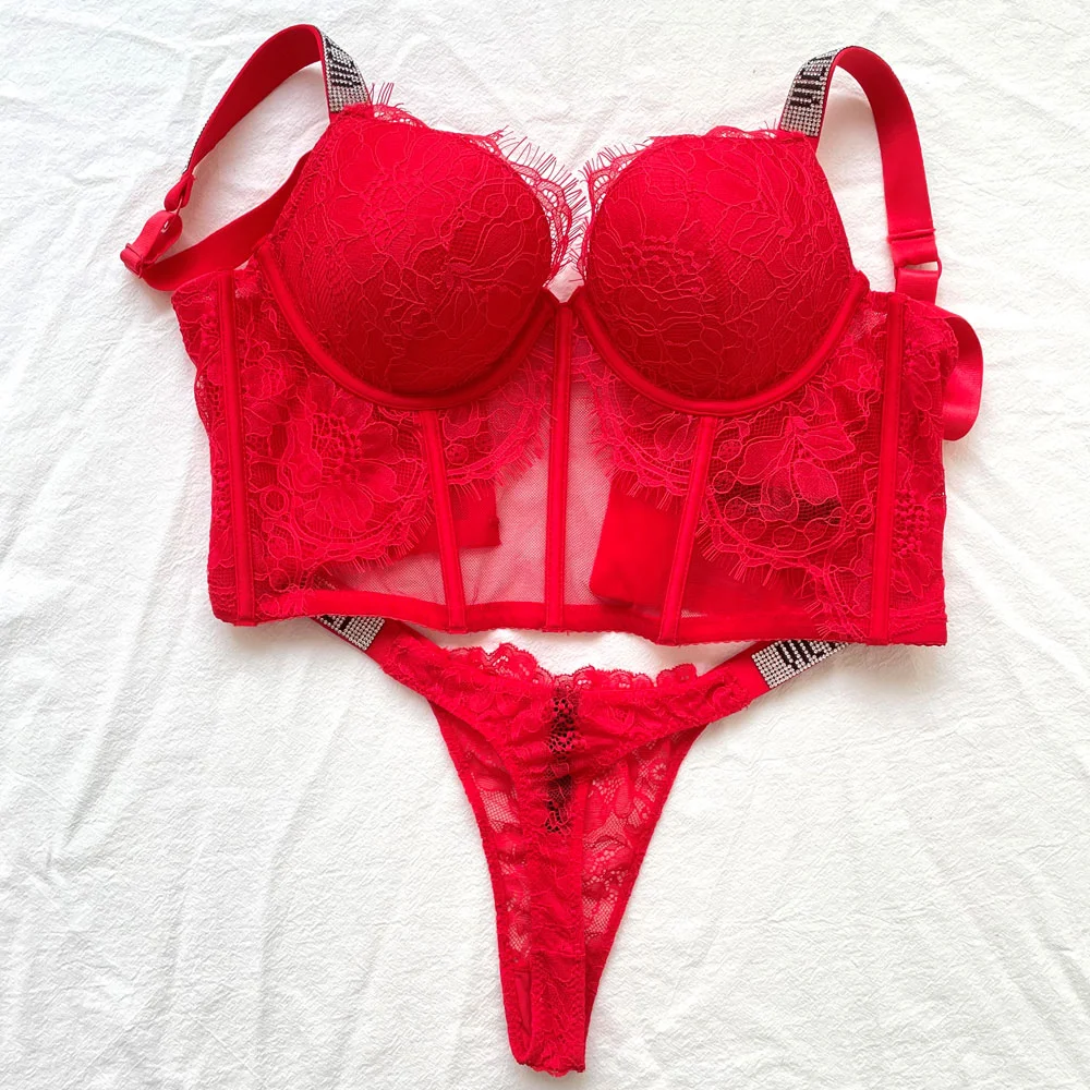 Panty Bra 2 Piece Sets Plus Size Pink Brief Sexy Lingerie Seamless Lace Top Women Rhinestone Letter Comfort Push Up Underwear