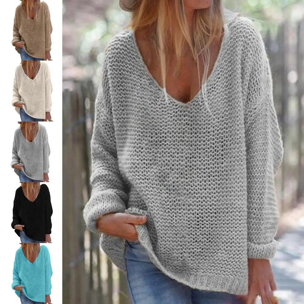 Women Knitted Top Solid Color Autumn Sweater V-Neck Tops Camis Pullover Shirts