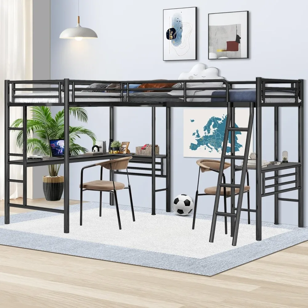 Twin Size L-Shaped Loft Bed with 2 Built-in Desks, Metal Loft Corner Bed with 2 Ladders and Safety Guard Rail, Heavy-Duty