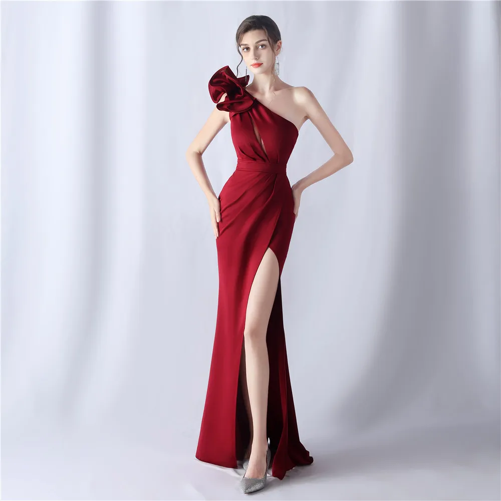 DEERVEADO One Shoulder Soft Satin Evening Dress for Woman Sexy Slit Party Maxi Dress Candy Color Formal Dress Long