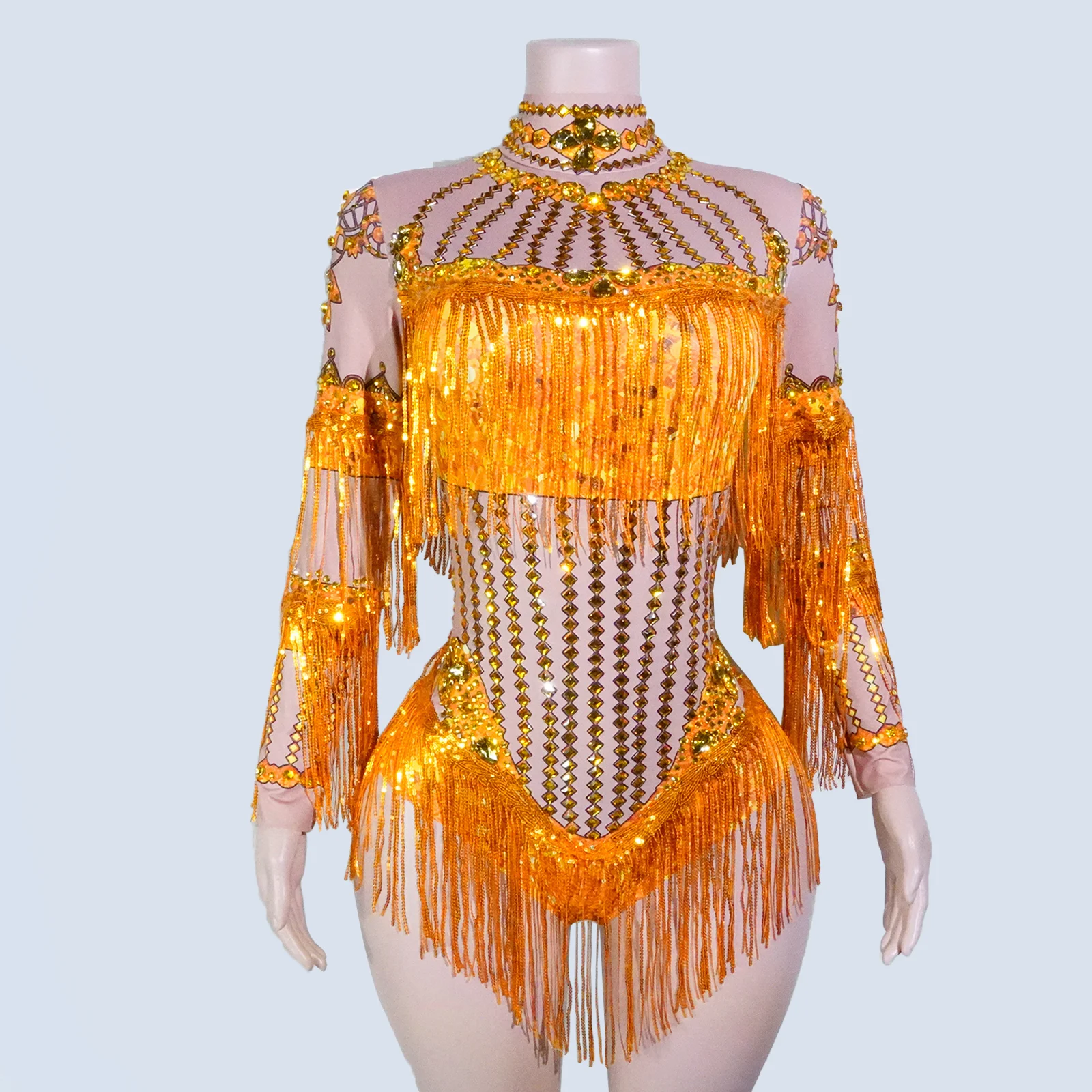 

Drag Queens Costume Glitter Golden Tassels Rhinestones Bodysuit Long Sleeve Gogo Dance Stage Clothes Pole Dance Wear NightClub