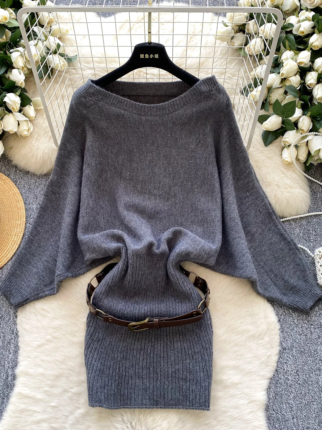 ピュアデザイア ハイウエスト ニット バットウィング スカート ベルト付き レディース 通勤 スタイル Aライン スカート ボディコン