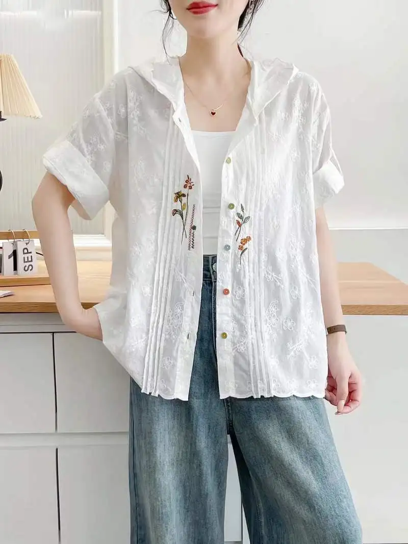ใหม่2025ฤดูร้อนผ้าฝ้ายแขนสั้นHoodedเสื้อผู้หญิงเย็บปักถักร้อย,Moriสาวลดอายุสบายๆหวานเสื้อหลวมT55047CC