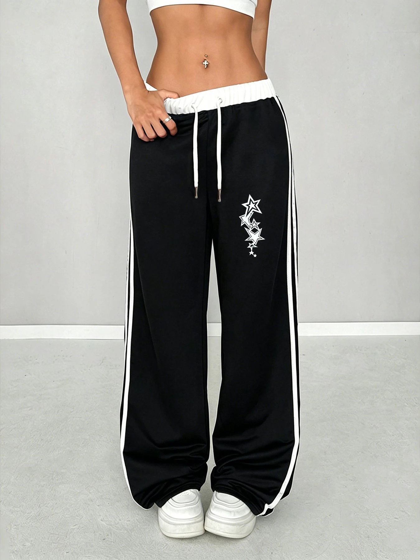 Cool Street-Style Long Pants, Wide-Leg Sweatpants with Five-Pointed Star Print and White Side Stripes, Drawstring High-Waisted Loose Drapey Floor-Length Pants, Cool Street-Style Versatile Everyday Pants, Summer Outing Outfit, Women's Clothing